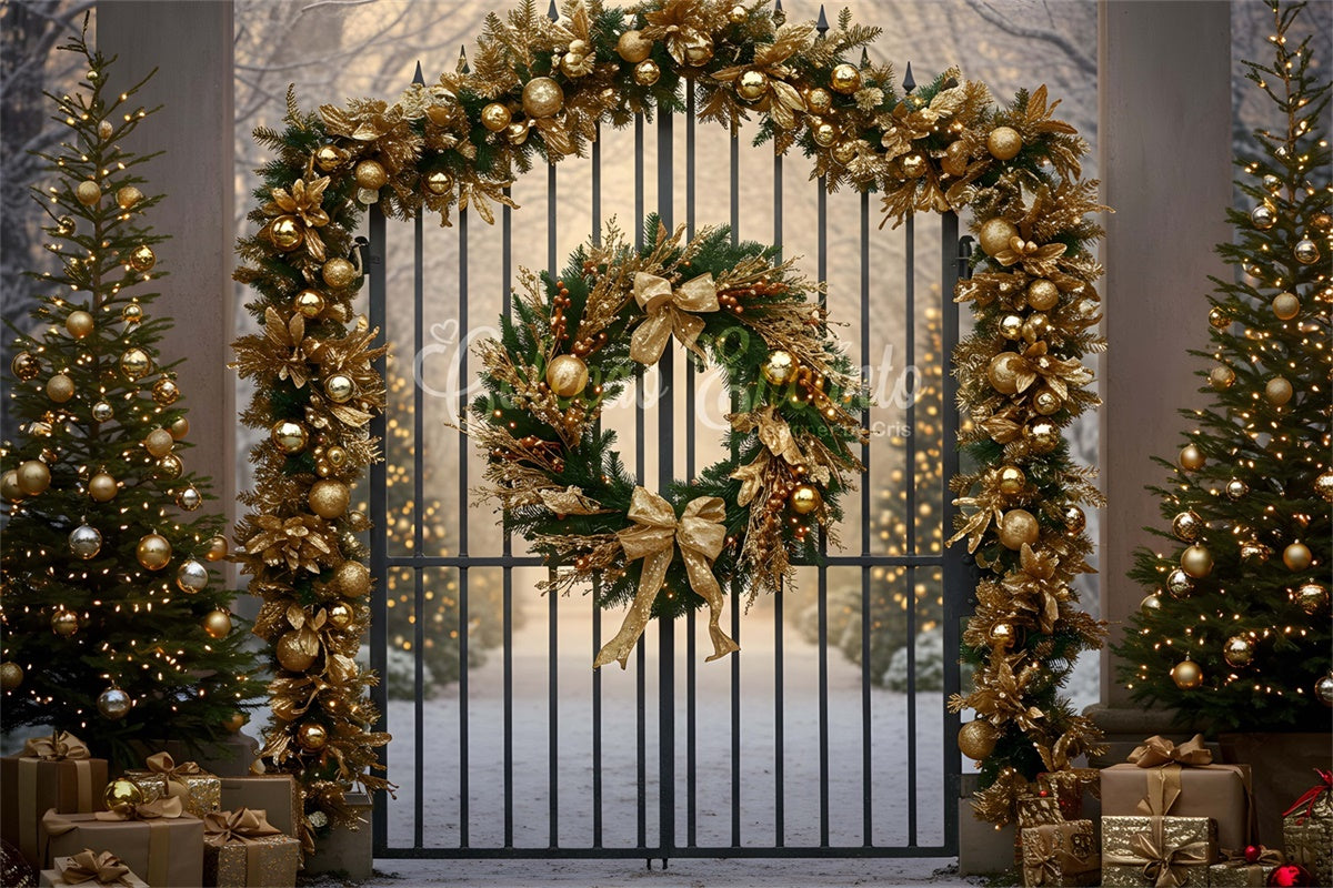 Toile de fond Noël Arbre Guirlande Dorée Portail par Magali