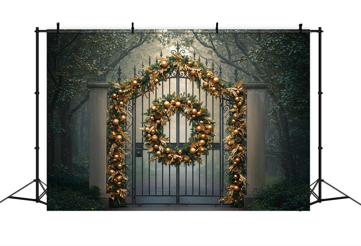 Toile de fond Noël Portail Forêt Guirlande Dorée par Magali