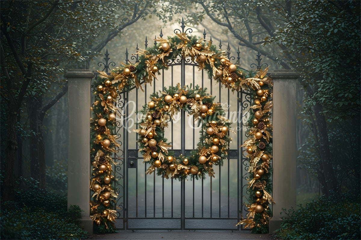 Toile de fond Noël Portail Forêt Guirlande Dorée par Magali