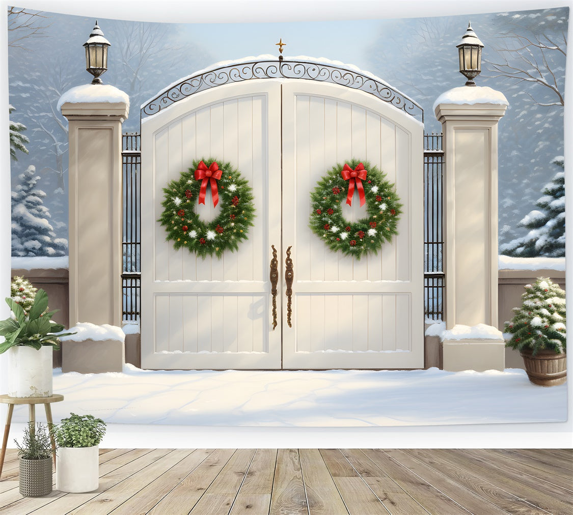 Toile de fond Photo Noël Couronne Portail Blanc par Magali