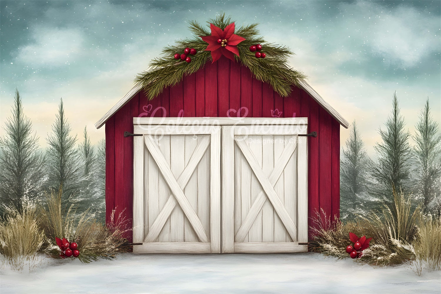 Toile de fond Noël Haute Résolution Grange Rouge Rustique par Magali