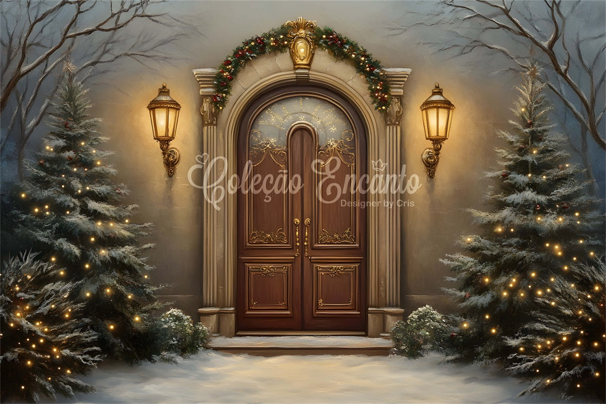 Toile de fond Noël Arbre Nuit Enneigée Entrée Vintage par Magali