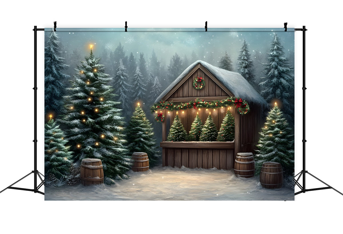 Toile de fond Photo Noël Arbres Givrés Maison en Bois par Magali