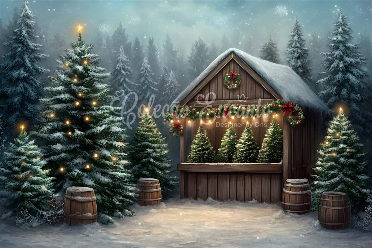 Toile de fond Photo Noël Arbres Givrés Maison en Bois par Magali