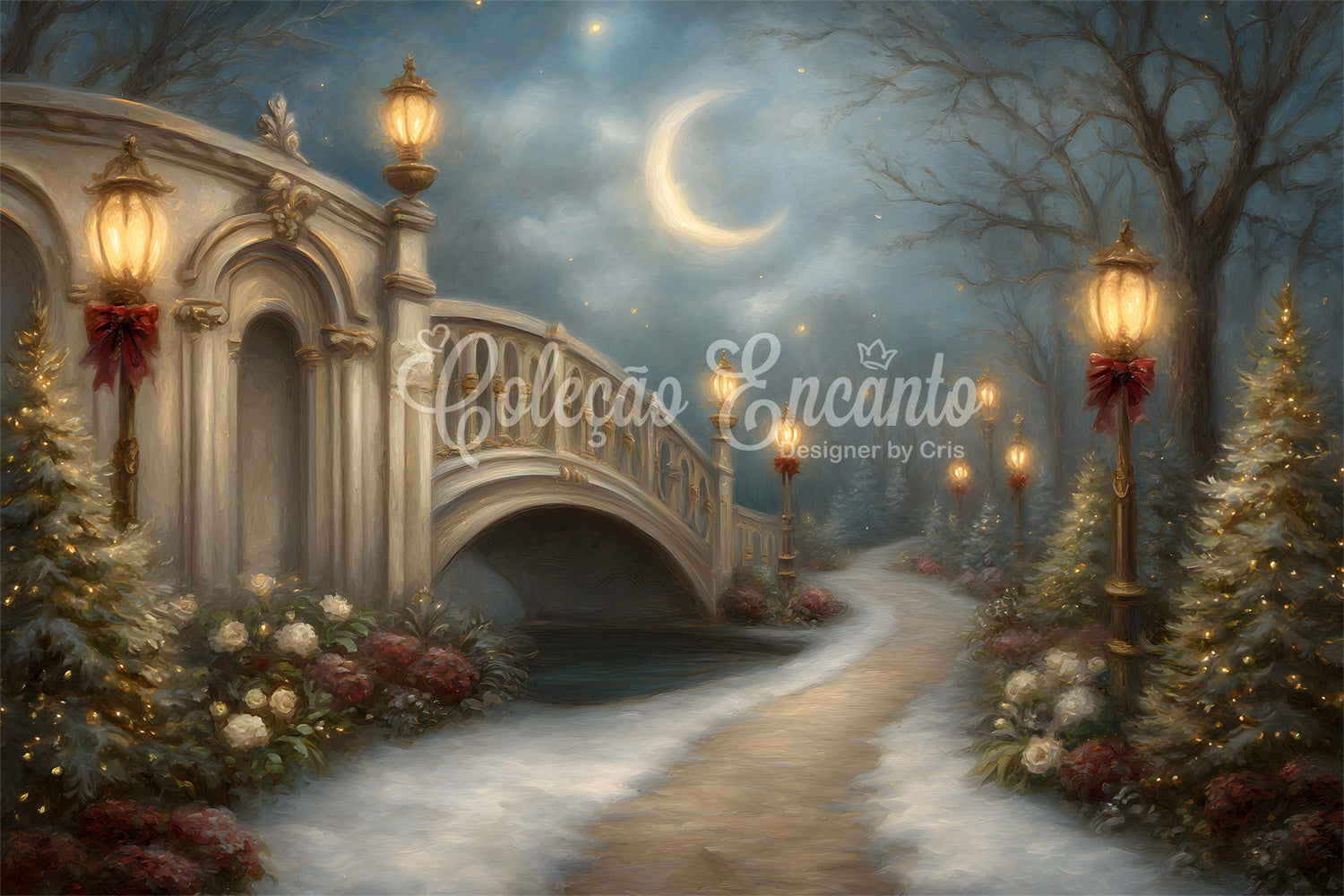 Toile de fond Noël Pont Festif Lanterne Lune par Magali
