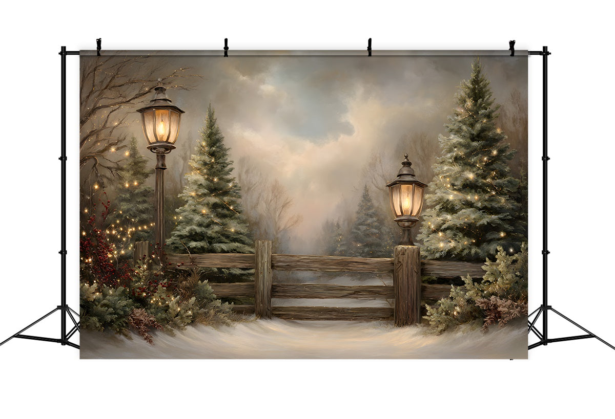 Toile de fond Noël Arbres Givrés Clôture Rustique par Magali