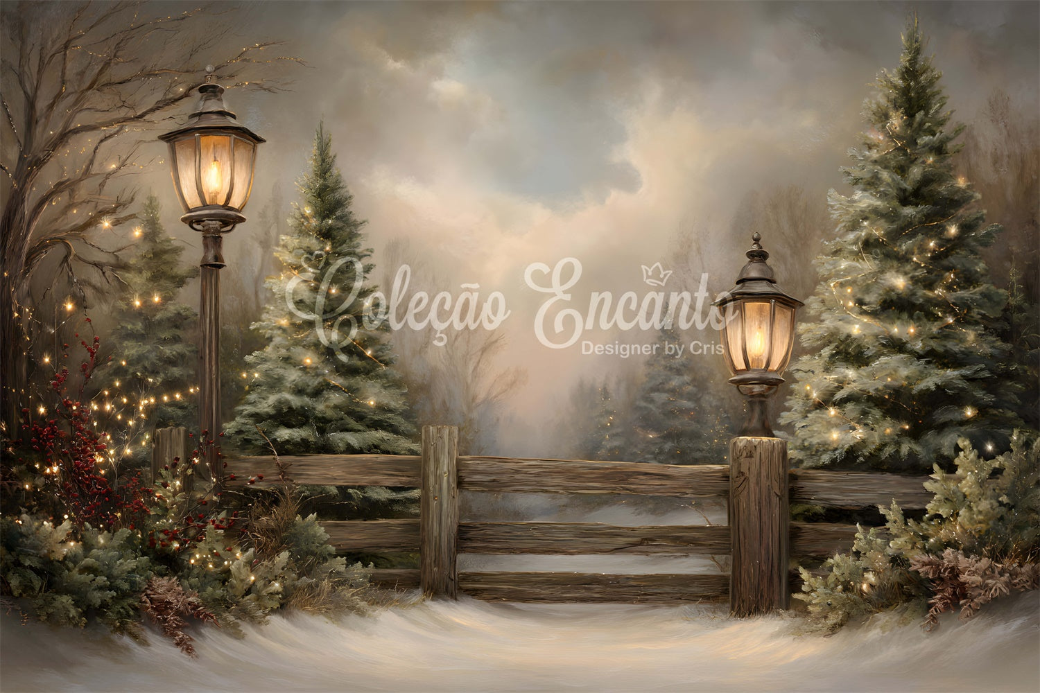 Toile de fond Noël Arbres Givrés Clôture Rustique par Magali