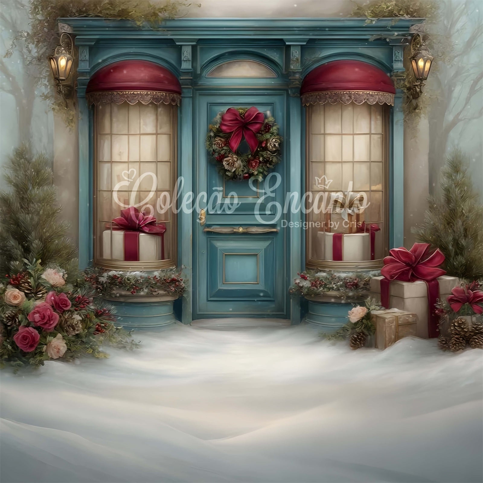 Toile de fond Photo Noël Guirlande Fleurie Scène Cadeaux par Magali