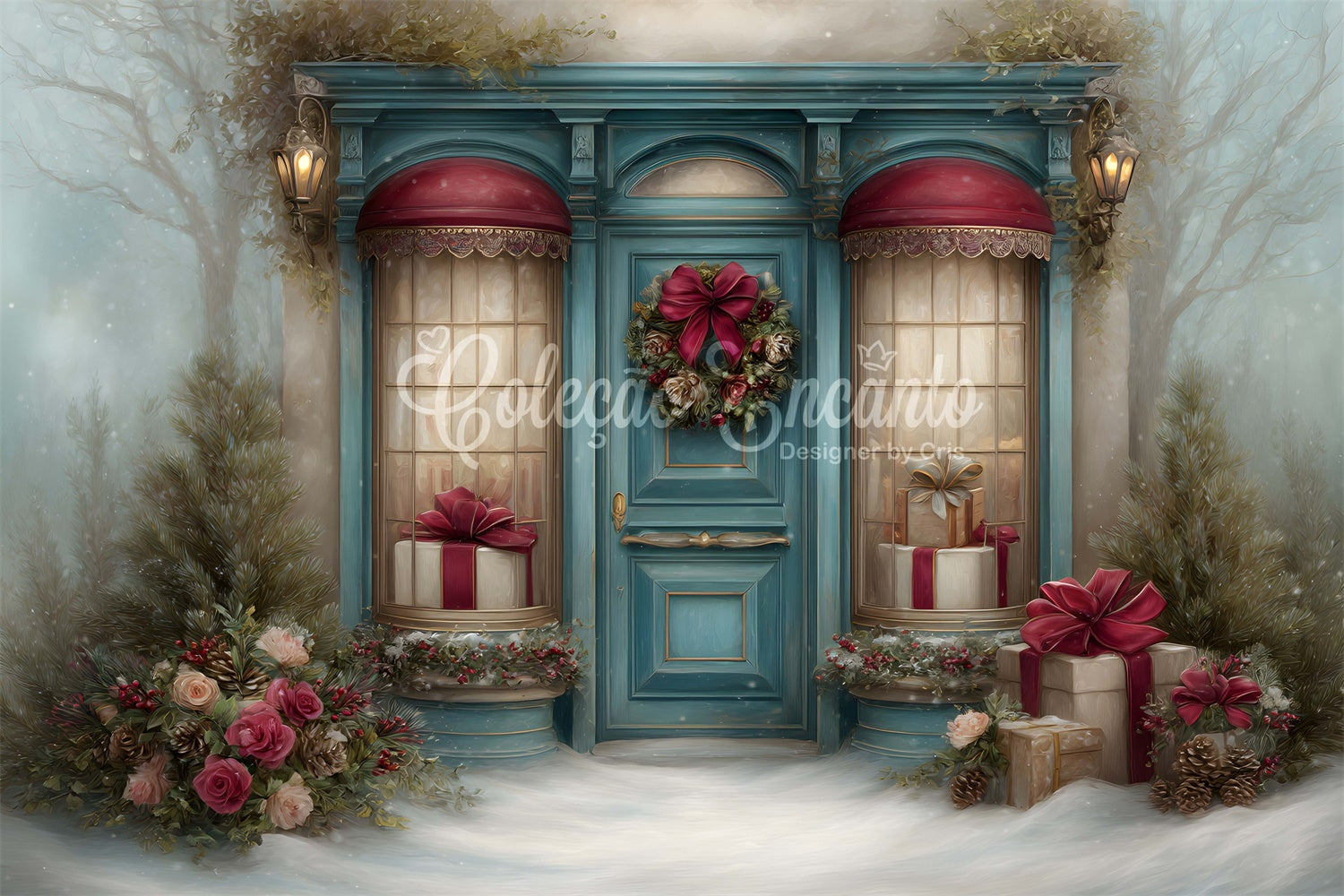 Toile de fond Photo Noël Guirlande Fleurie Scène Cadeaux par Magali