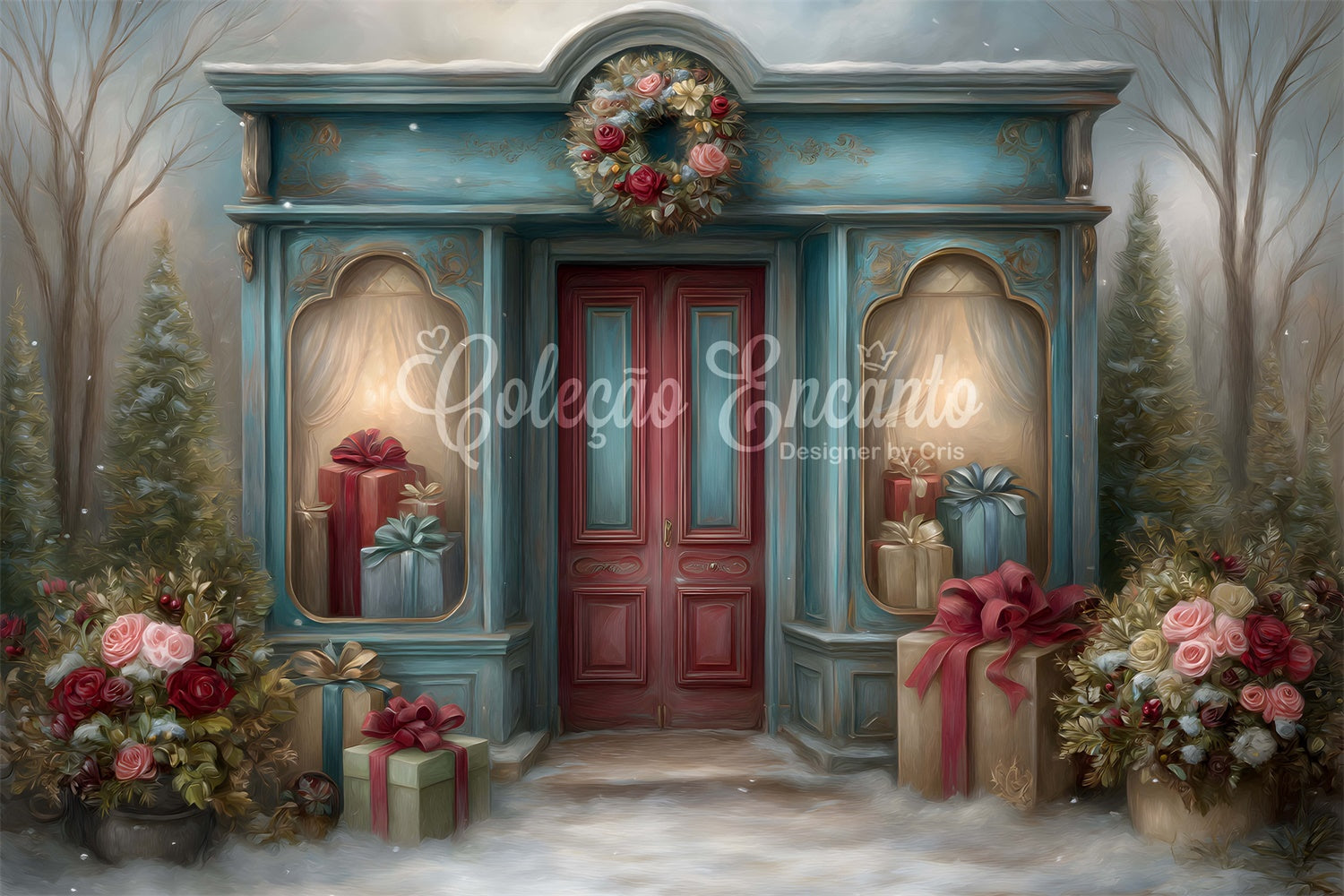 Toile de fond Noël Porte Rouge Boutique Cadeaux par Magali