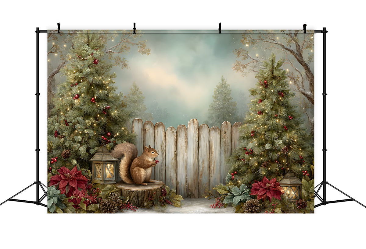 Toile de fond Noël Écureuil Sapin Clôture par Magali