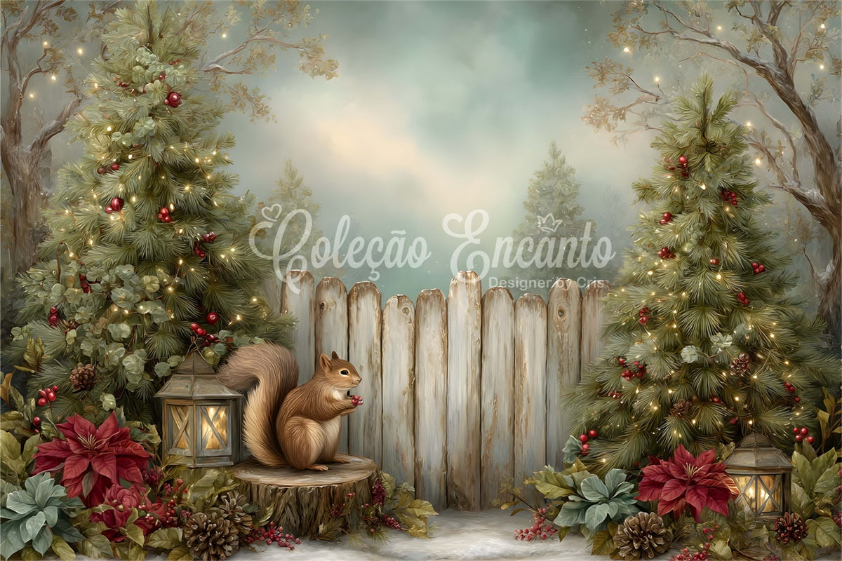 Toile de fond Noël Écureuil Sapin Clôture par Magali