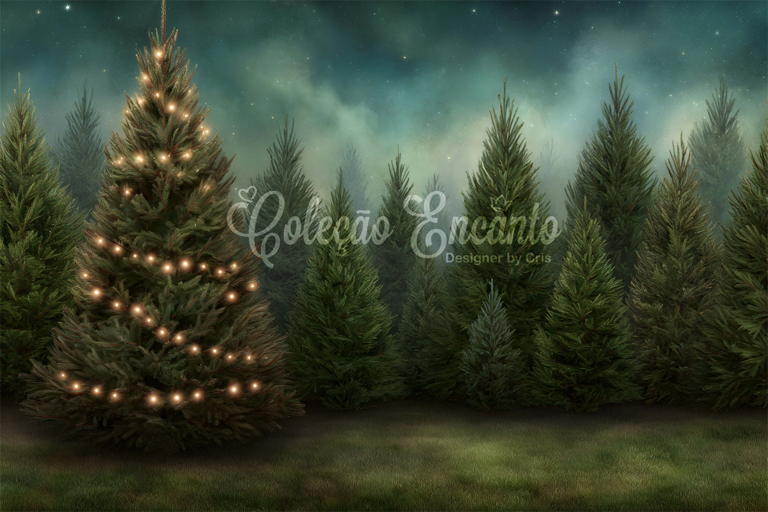 Toile de fond Noël Forêt de Sapins Scintillante par Magali