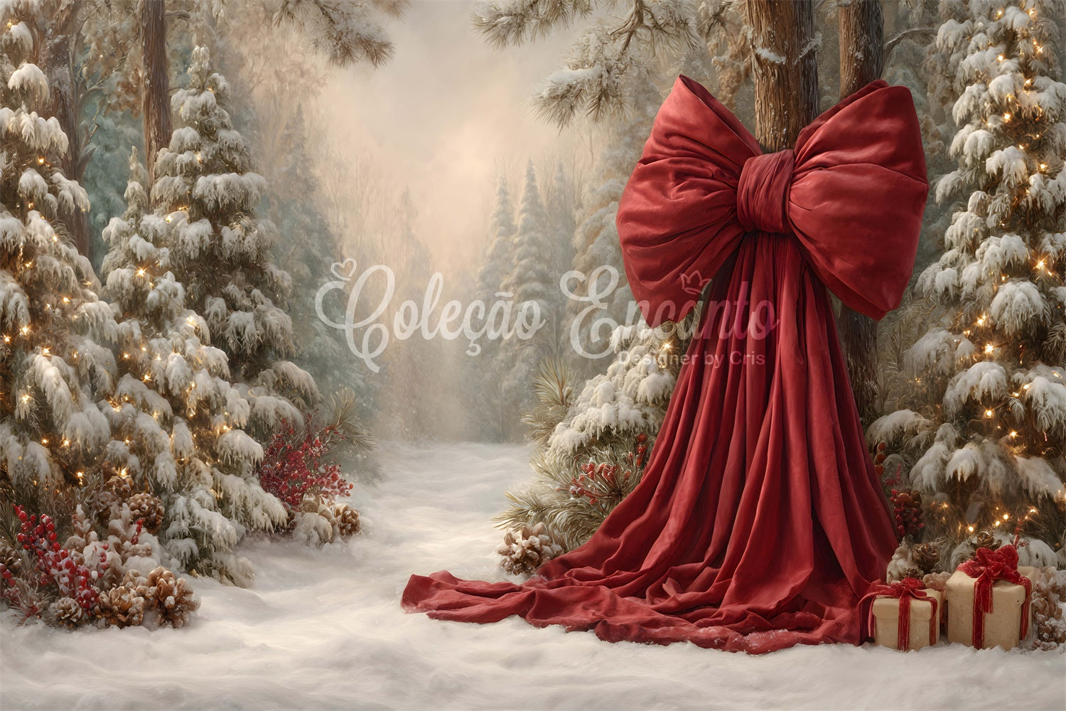 Toile de fond Noël Forêt Enneigée Nœud Festif par Magali
