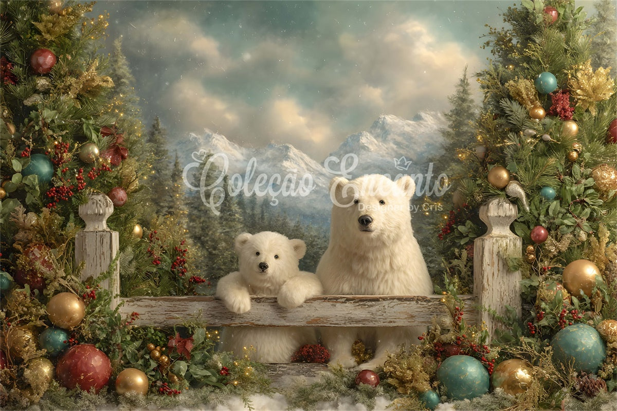 Toile de fond Noël Ours Polaires Vue Montagne par Magali