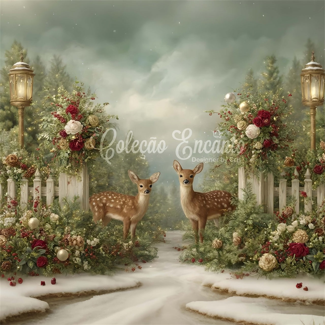 Toile de fond Noël Rennes Hiver Décor de Roses par Magali
