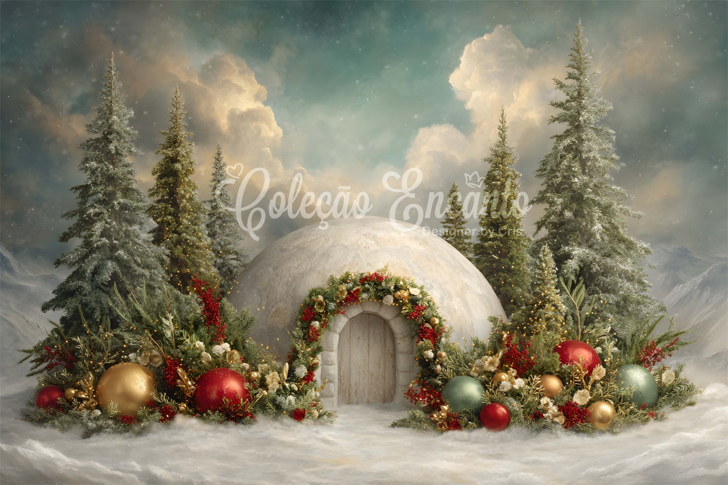 Toile de fond Photo Noël Maison de Neige Fleurs Forêt par Magali