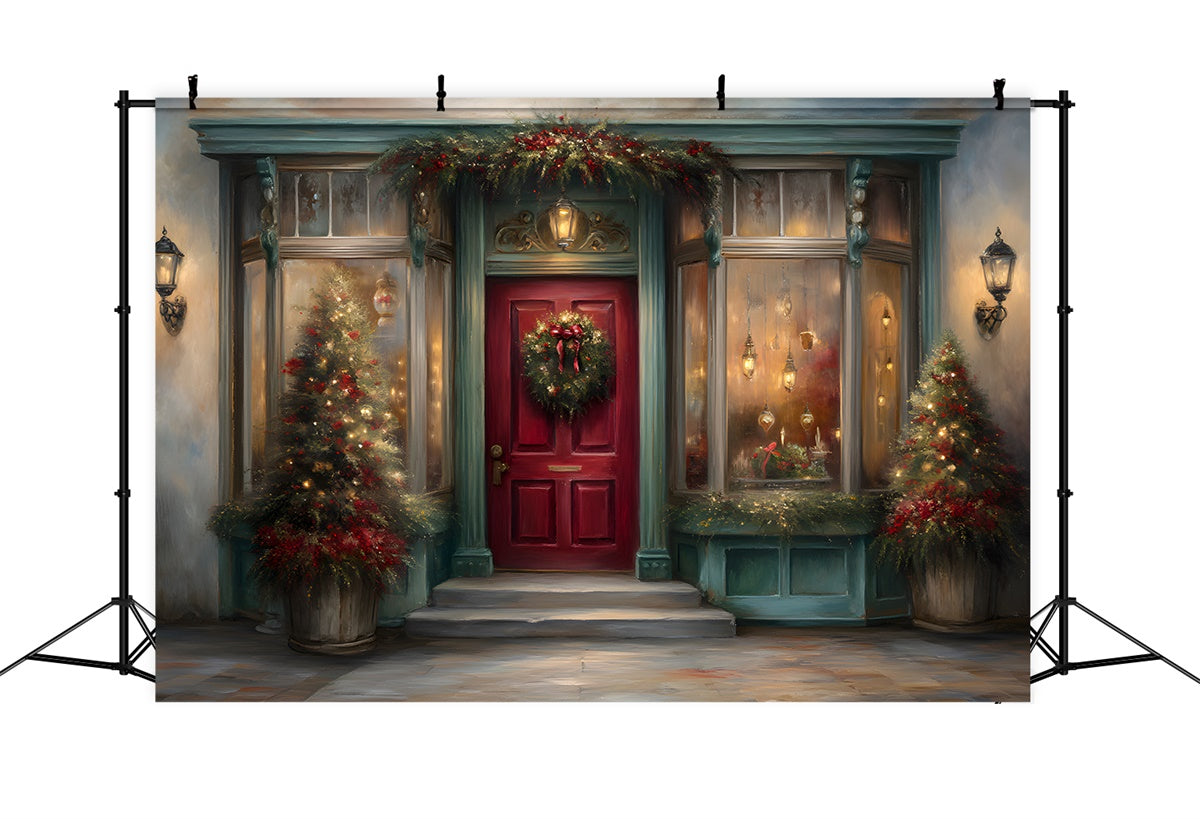 Toile de fond Noël Porte Rouge Couronne Fenêtre par Magali