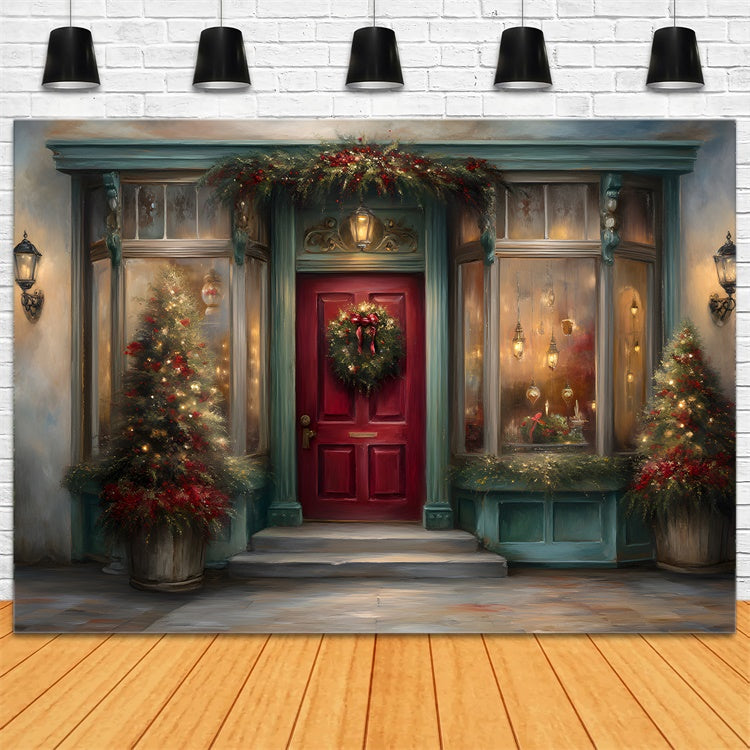 Toile de fond Noël Porte Rouge Couronne Fenêtre par Magali