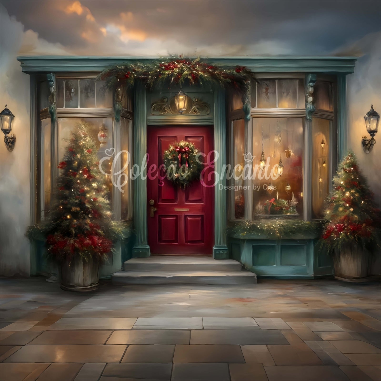 Toile de fond Noël Porte Rouge Couronne Fenêtre par Magali