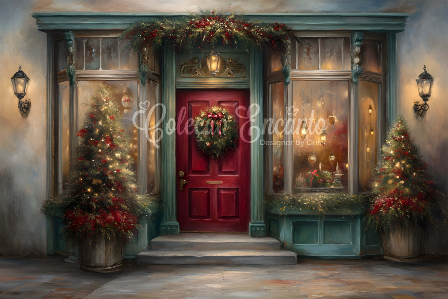 Toile de fond Noël Porte Rouge Couronne Fenêtre par Magali