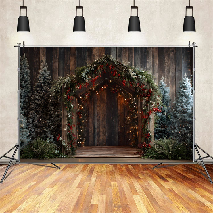 Toile de fond Noël Porte en Bois Guirlande de Pins par Magali
