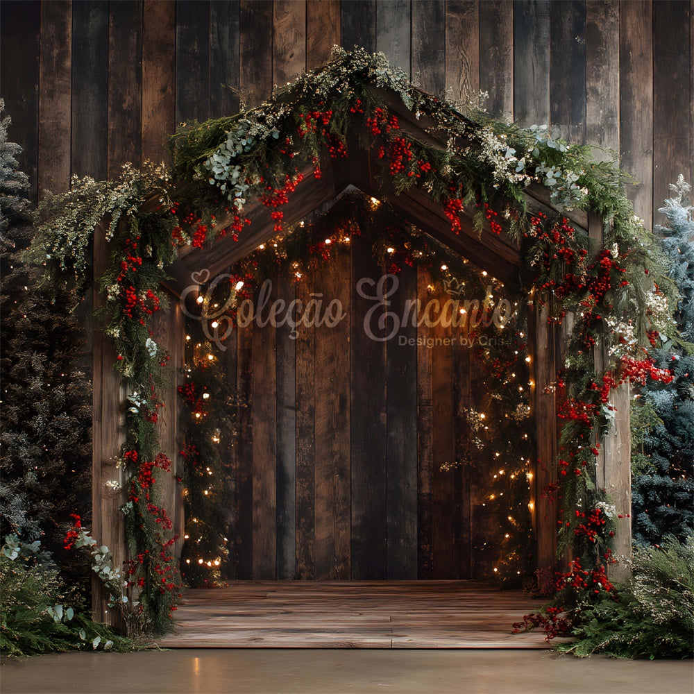 Toile de fond Noël Porte en Bois Guirlande de Pins par Magali