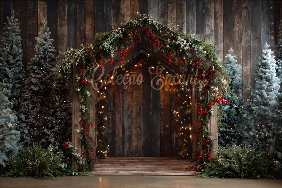 Toile de fond Noël Porte en Bois Guirlande de Pins par Magali
