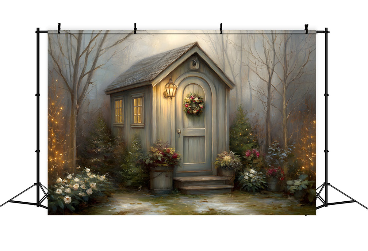 Toile de fond Noël Chalet Hivernal Forêt Couronne par Magali