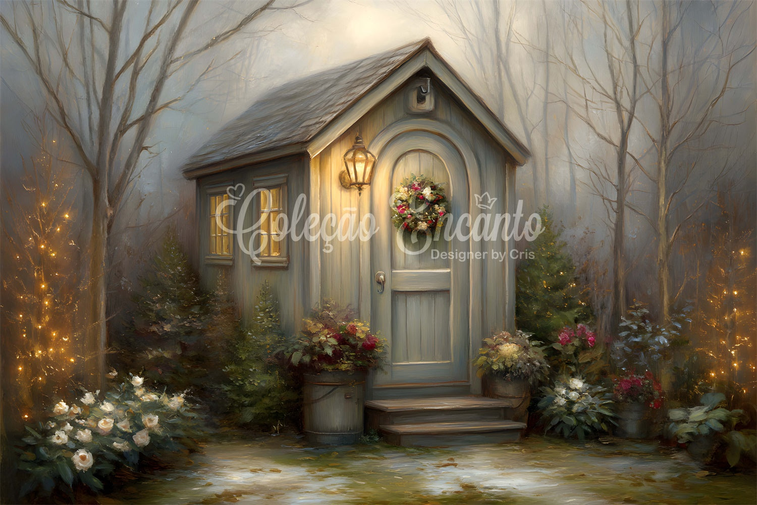 Toile de fond Noël Chalet Hivernal Forêt Couronne par Magali
