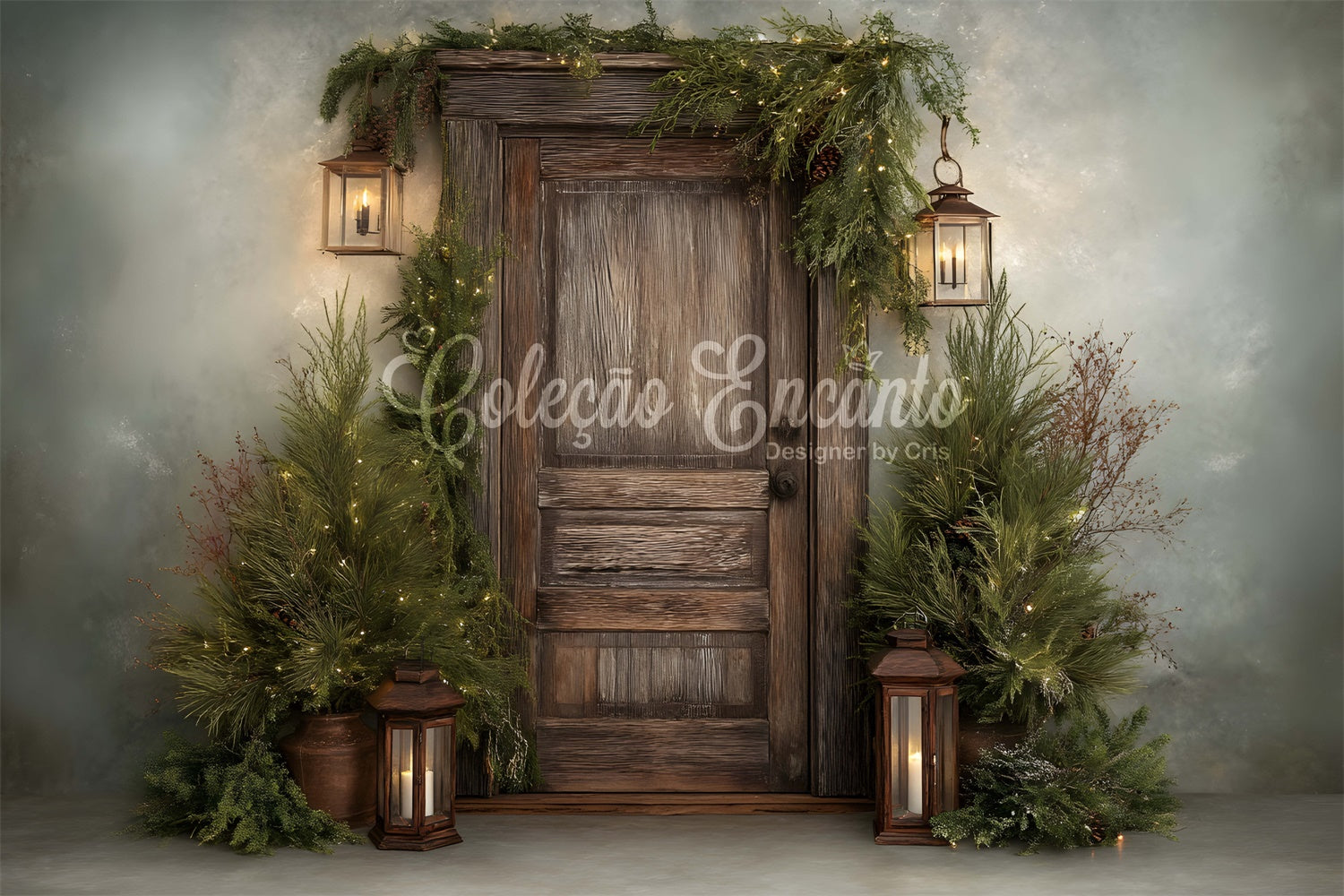 Toile de fond Noël Porte en Bois Rustique Verdure par Magali