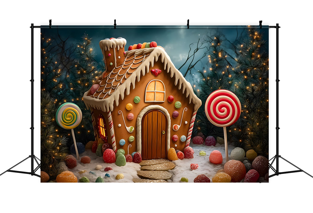Toile de fond Photo Noël Maison Bonbons Sapin Guirlandes par Magali
