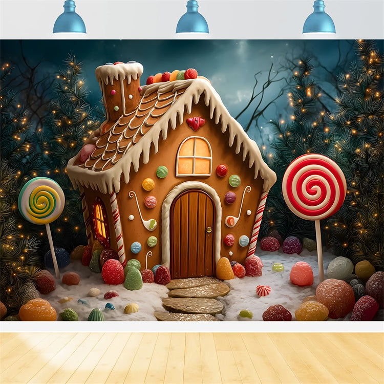 Toile de fond Photo Noël Maison Bonbons Sapin Guirlandes par Magali