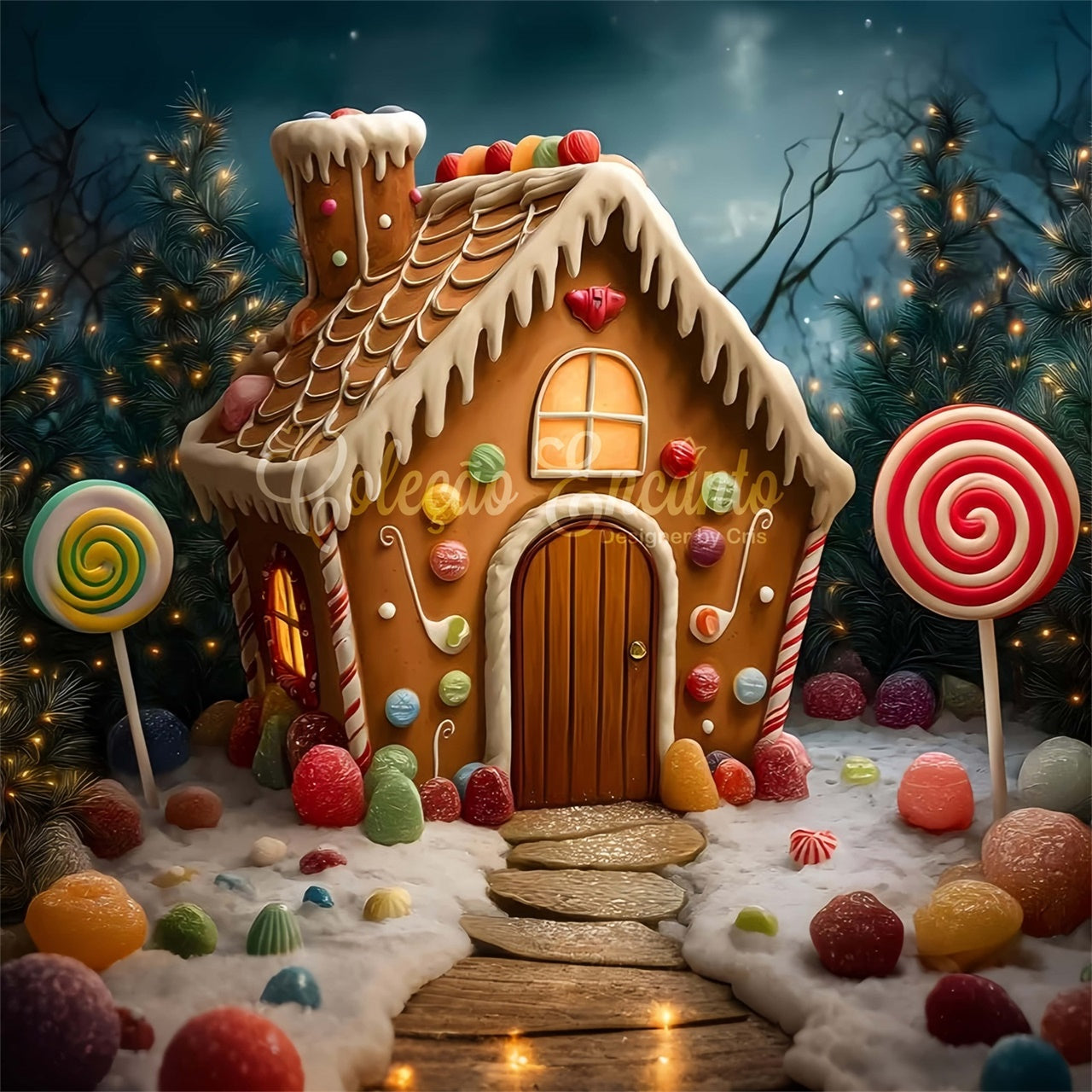 Toile de fond Photo Noël Maison Bonbons Sapin Guirlandes par Magali