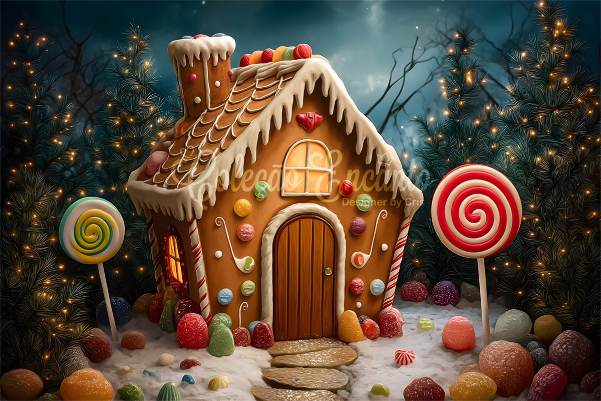 Toile de fond Photo Noël Maison Bonbons Sapin Guirlandes par Magali