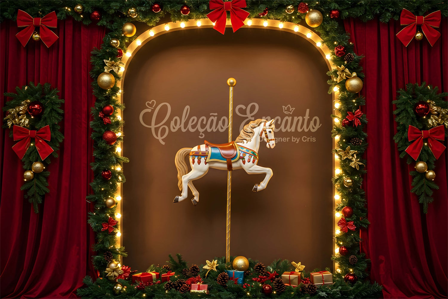 Toile de fond Noël Théâtre Rouge Guirlande Carrousel par Magali