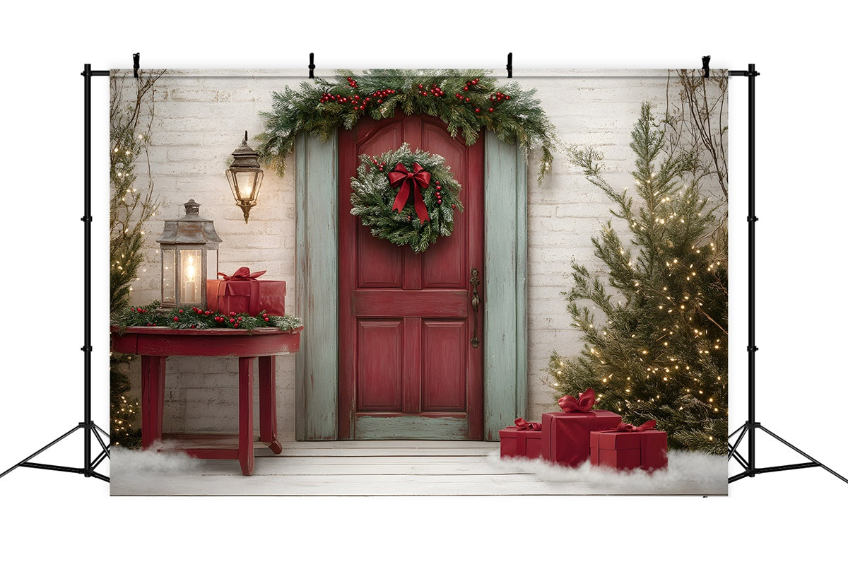 Toile de fond de Noël Porte Rouge Couronne Cadeaux par Magali