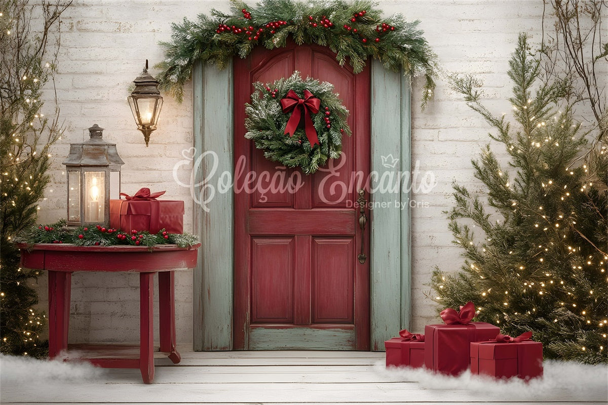 Toile de fond de Noël Porte Rouge Couronne Cadeaux par Magali