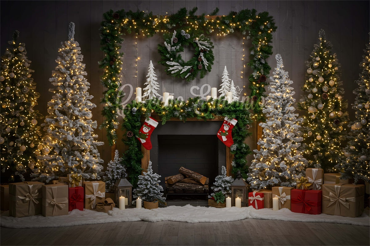 Toile de fond Noël Cheminée Présents Mise en Scène par Magali