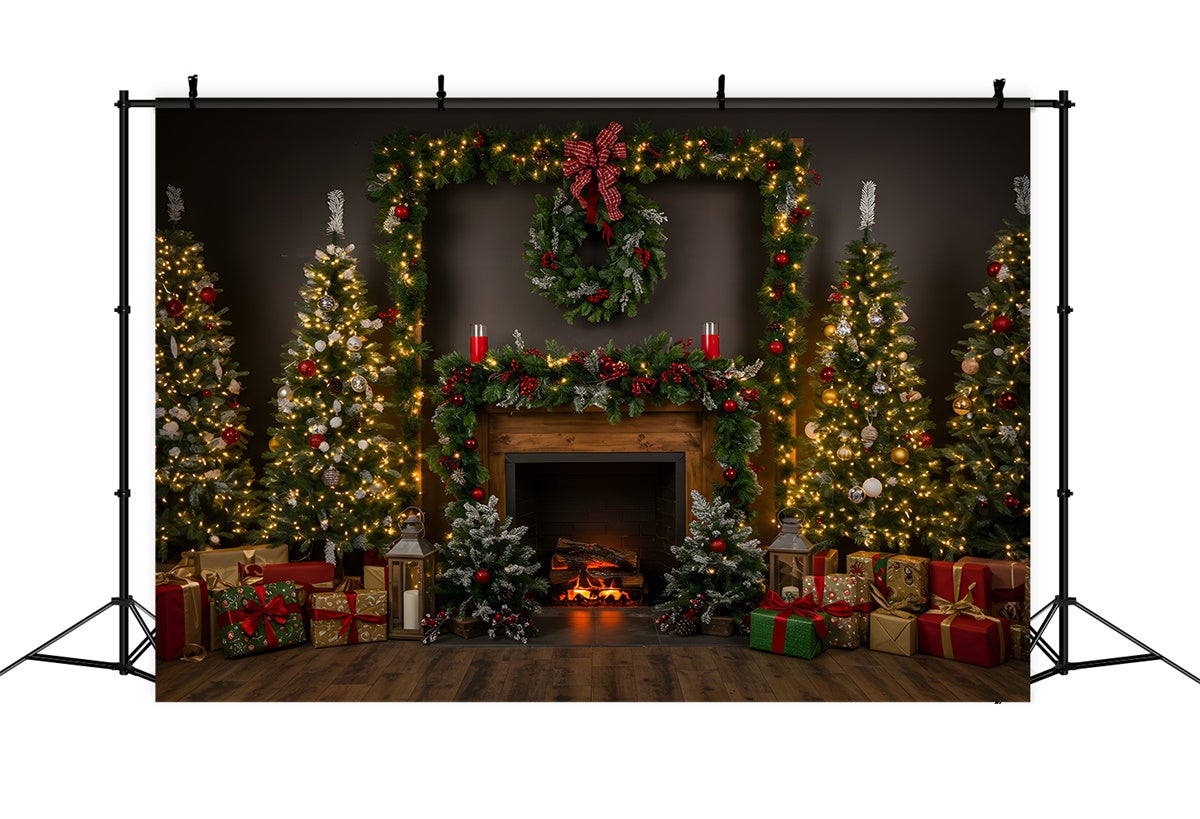 Toile de fond Noël Cheminée Douillette Guirlande Sapin par Magali