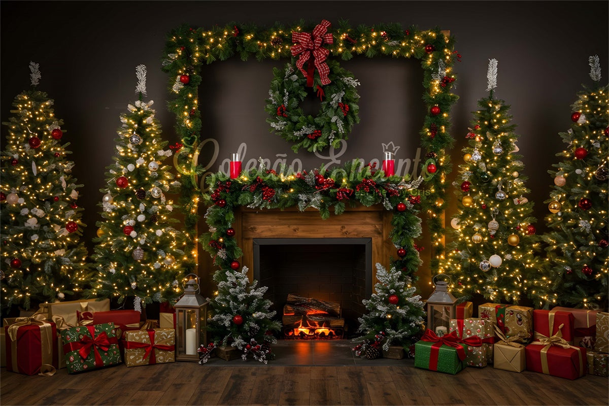 Toile de fond Noël Cheminée Douillette Guirlande Sapin par Magali