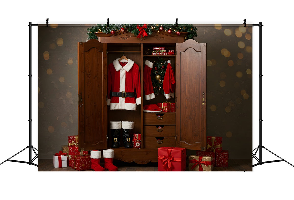 Toile de fond Photo Noël Placard Costume du Père Noël Cadeaux par Magali