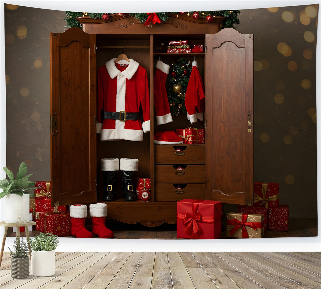 Toile de fond Photo Noël Placard Costume du Père Noël Cadeaux par Magali