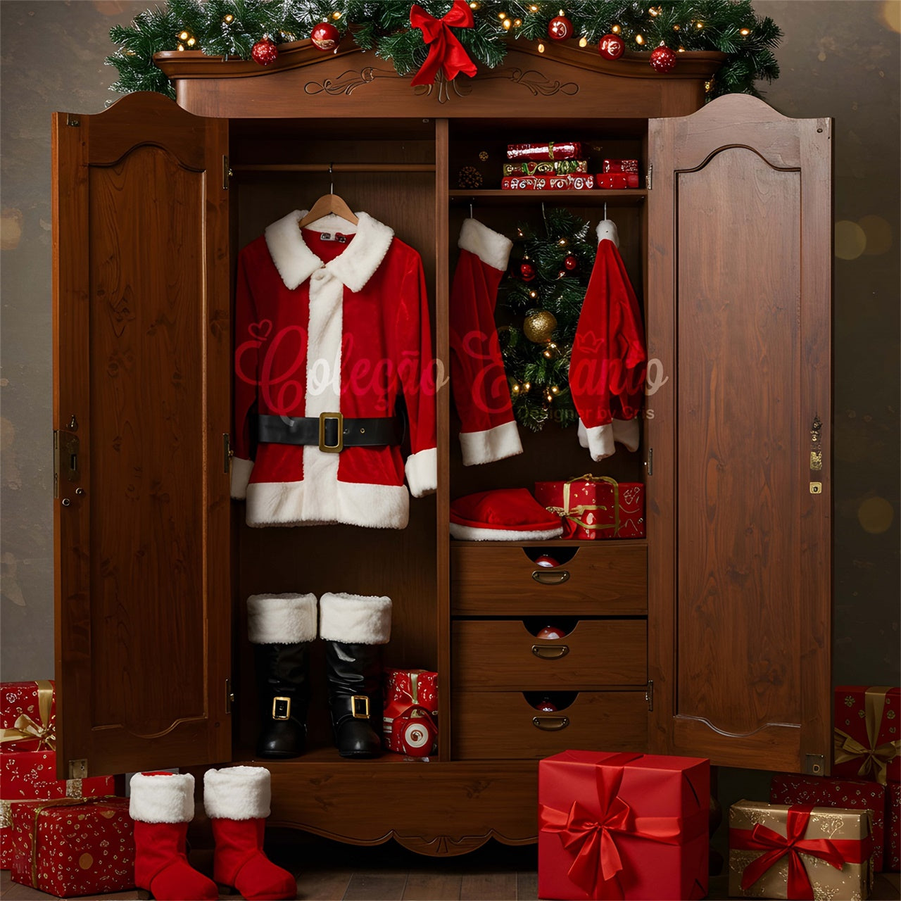 Toile de fond Photo Noël Placard Costume du Père Noël Cadeaux par Magali