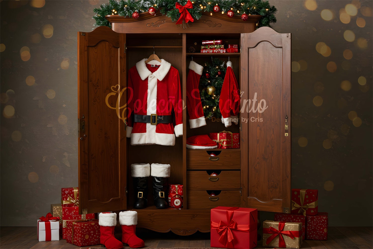 Toile de fond Photo Noël Placard Costume du Père Noël Cadeaux par Magali