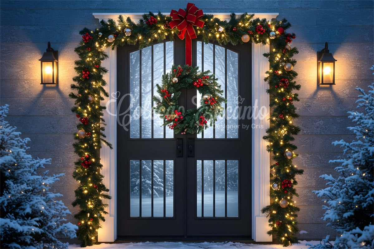 Toile de fond Noël Porche de Noël Couronne Lumière par Magali