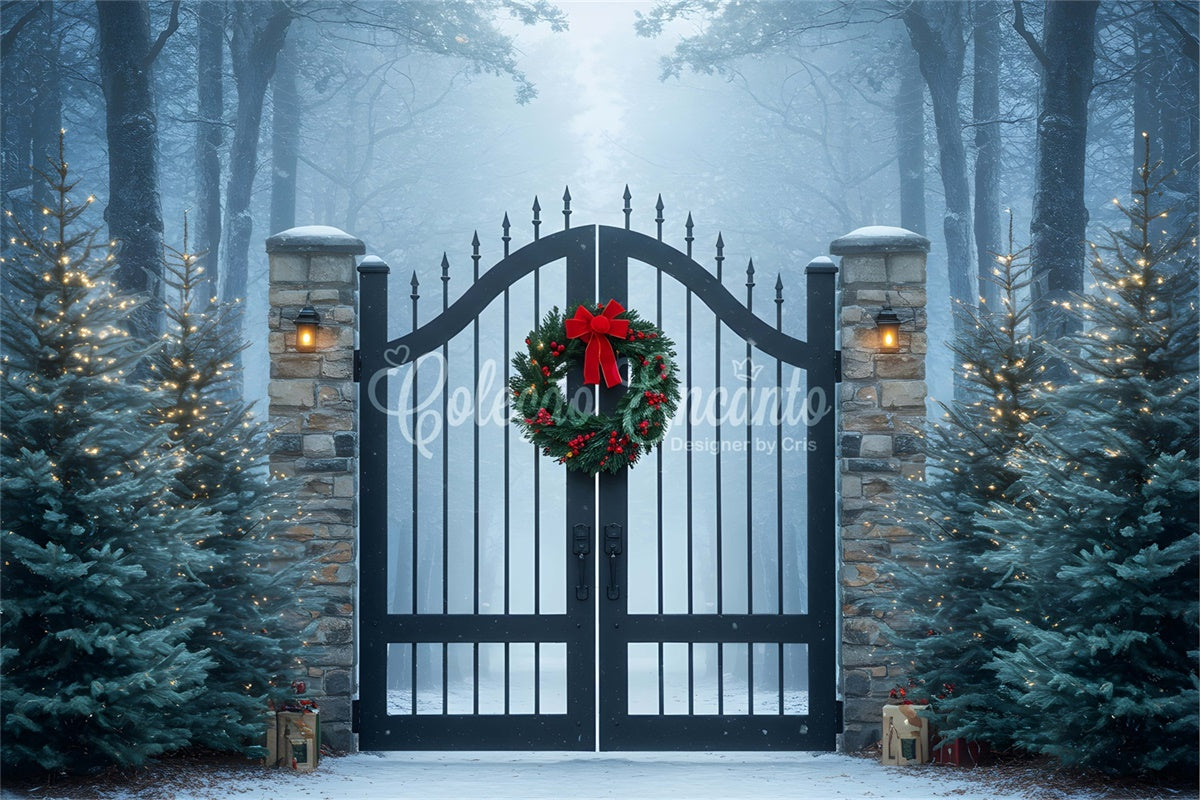Toile de fond de Noël Forêt Enneigée Portail en Fer par Magali