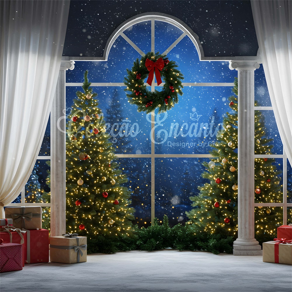 Toile de fond Noël Arbre Fenêtre Rideaux Décor par Magali