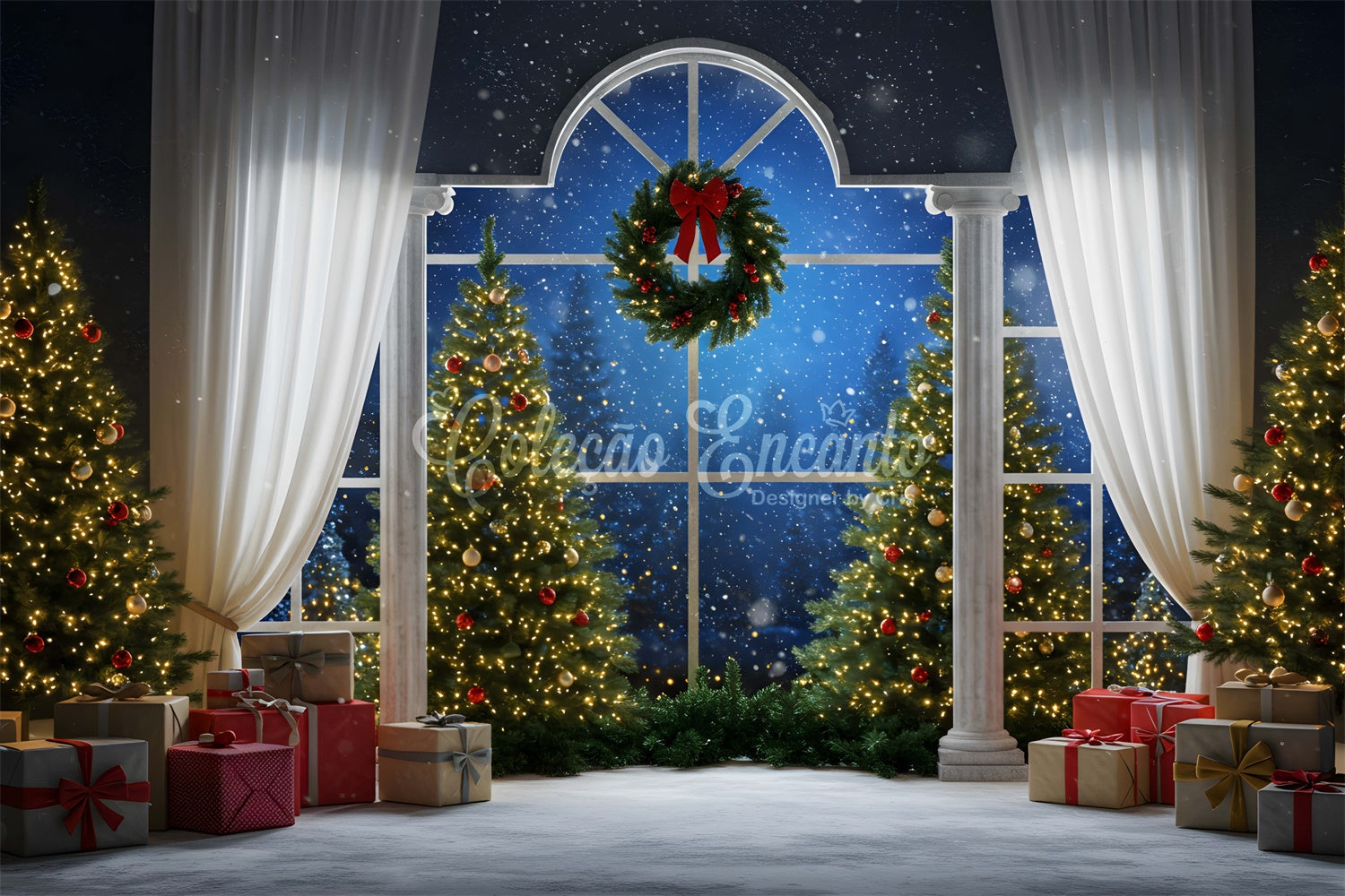 Toile de fond Noël Arbre Fenêtre Rideaux Décor par Magali