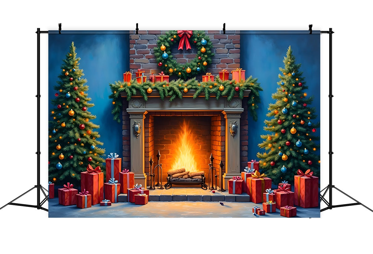 Toile de fond Noël Cheminée Guirlande Arbre par Magali